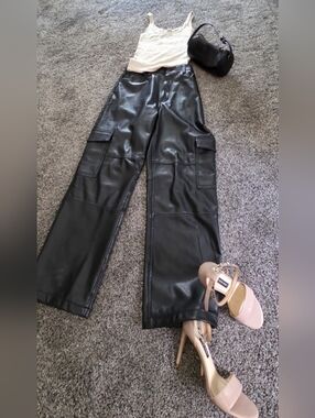 Abercrombie Vegan Leather Cargo Pants Black High Rise Wide Leg